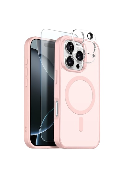 Teleplus Apple Uyumlu iPhone 16 Pro Max Kılıf Babet Translucent 3in1 Msafe Şarj Özellikli Kapak + Ekran Koruyucu Pembe