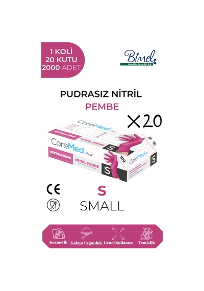 Nitril Pembe Pudrasız Muayene Eldiveni S - 1 Koli-20 Paket-2000'li