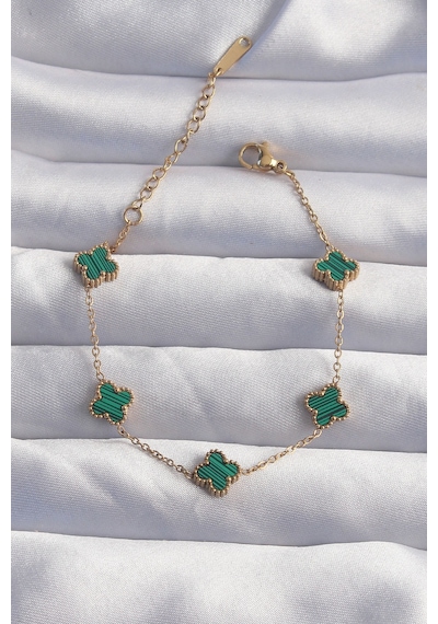 Ezoconcept 316l Çelik Baby Boy Gold Renk Çizgili Yeşil Mineli Yonca Bileklik 001