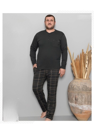 Pijamoni Erkek Battal Düğme Yaka Penye Uzun Kol İnce Pijama Takımı 6720/11 - 1 Adet Siyah