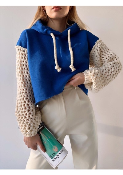 Mamayaga Kadın Kolları Triko Tasarım 3 İplik Uzun Kol Pamuk Crop Boy Şık Sweatshirt Mavi