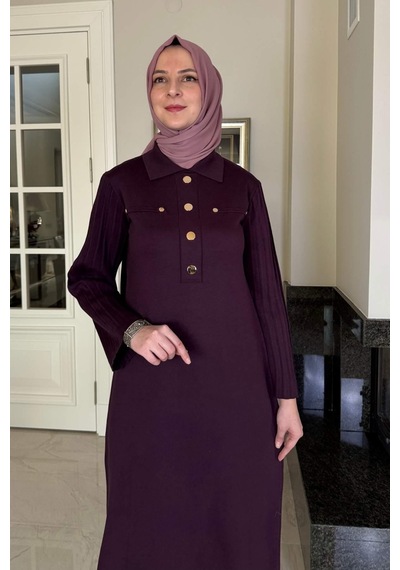 Rabia Şamlı Beste Triko Elbise Mürdüm Normal