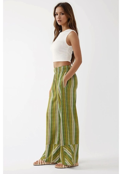 Hiccup Wide Leg Çizgi Desenli Rahat Kesim Pantolon Yeşil