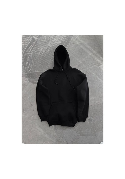 Kadın Kapüşonlu Kanguru Cepli 3 İplik Pamuklu Oversize Hoodie Sweatshirt - Siyah