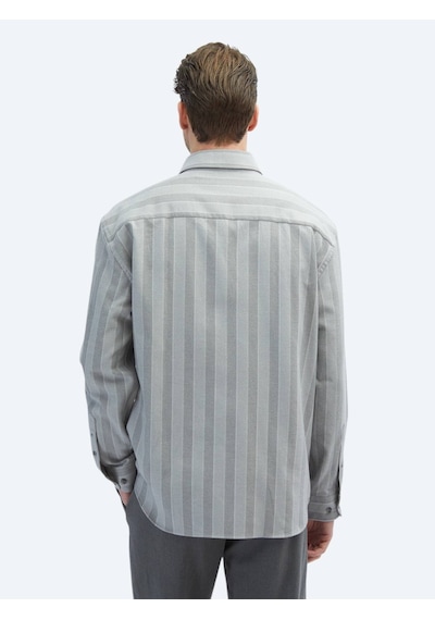 Kip Gri Çizgili Oversize Fit Dokuma Casual Pamuk Karışımlı Gömlek