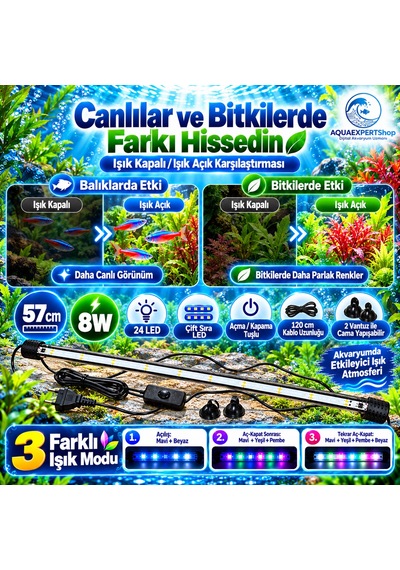 Akvaryum Işığı - Balık Işığı - Bitki Işığı - 57 Cm - 24 Led - Tamamen Su İçinde Kullanılabilir - 3 Modlu - 8w - Mükemmel Işık