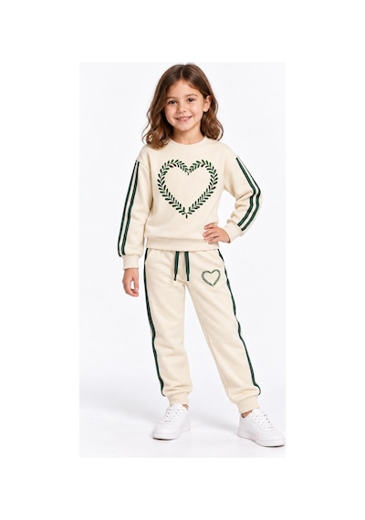 Rony Pony Kids Kız Çocuk Ekru Yeşil Kalp Desenli Şeritli Eşofman Takımı Sweatshirt Ve Jogger Pantolon Beyaz Yeşil