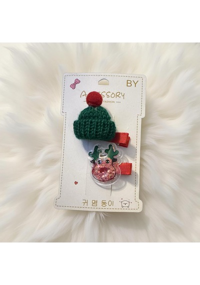 Noel Temalı 2'li Toka Seti Şapka + Geyik Christmas Hair Clip Set-209 Kırmızı