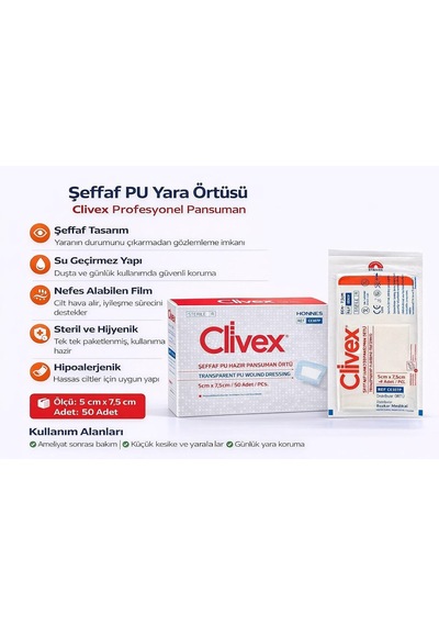 Clivex Şeffaf Pu Hazır Pansuman Örtüsü, Steril, Hipoalerjenik, Su Geçirmez, 4 Ölçü Seçeneği, 25 Adetli Kutuda