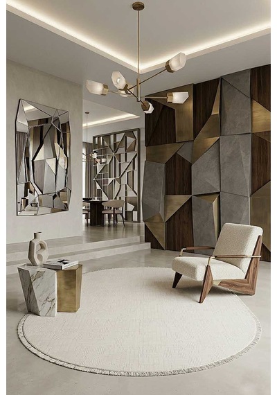 Geometrik Abstract Desenli Prato İpeksi Lüks Viskon Oval Halı Pr08 Gri Beyaz