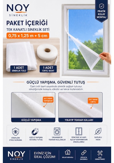 Sineklik Pencere Sinekliği Yapışkanlı Cırtlı Sinek Perdesi Yıkanabilir Tekrar Kullanılabilir 75x125 Cm