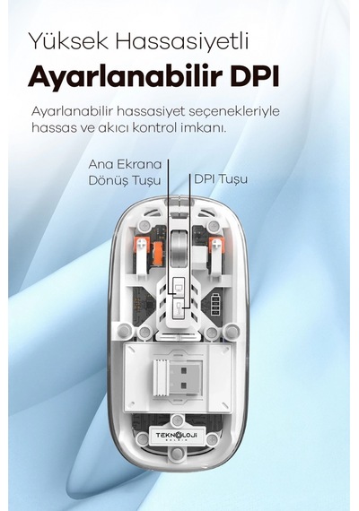 Bluetooth Usb Çift Modlu Sessiz Mouse, Şeffaf Mıknatıslı Kapaklı, Type-c Şarjlı, Dpı Ayarlı, Kablosu