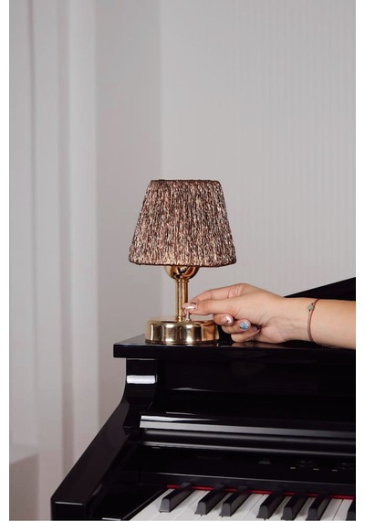 Modern Led Abajur Üst Kahverengi-alt Parlak Gold Detay 9v Pil 75-90 Saat