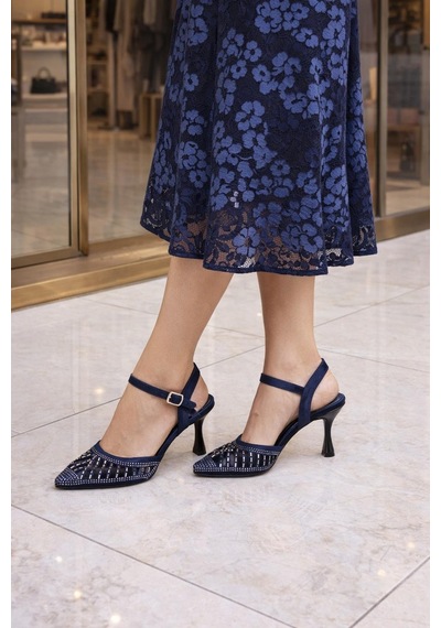 Kadın Taş İşlemeli Slingback İnce Topuk Ayakkabı Lacivert