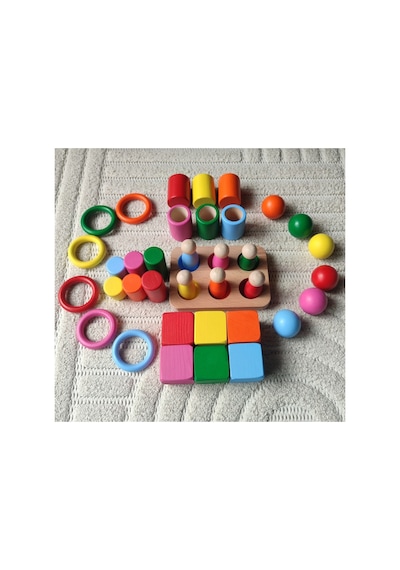 Montessori Ahşap Eğitici Oyuncak 6 Renk Eşleştirme Seti Silindir Halka Peg Bebek Kase Küp 30 Prç