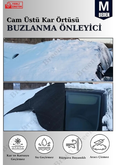 Buzlanma Önleyici- Siyah M Beden Araba Cam Üstü Kar Örtüsü, Su Geçirmez- Ön Ve Yan Cam Koruma Siyah - M Beden