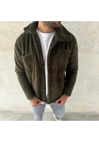 Valensdesign Erkek Pelüş Polar Hırka Gömlek Yakalı, İlik Düğmeli, Göğüs Cepli, Yumuşak Dokulu Kışlık Regular Fi Haki