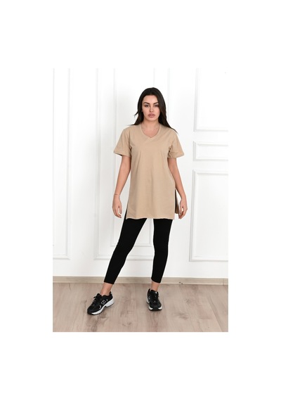 Kadın V Yaka Yırtmaçlı T-shirt 8783-22 001