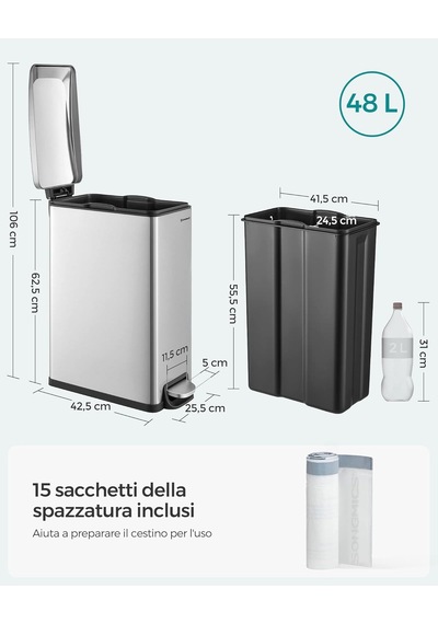 Songmıcs Mutfak Çöp Kutusu, 48 Litre, Dar, Çöp Kutusu, Dar Alanlar İçin Pedallı Çöp Kutusu, Yavaş Kapanan Kapak Diğer