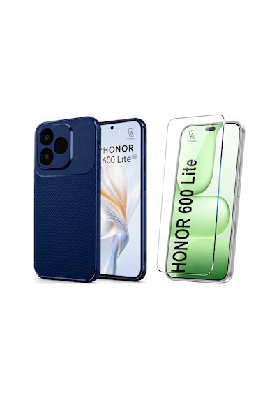 Honor 600 Lite Uyumlu Karbon Tasarım Silikon Telefon Kılıfı Ve Temperli Cam Ekran Koruyucu Lacivert