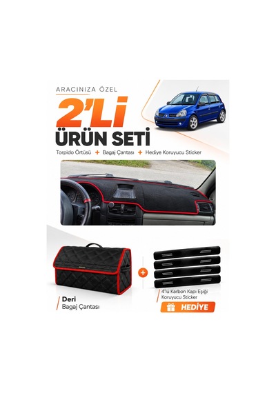 Renault Clio Symbol Airbagli 2003-2006 Uyumlu Torpido Örtüsü + Deri Çanta Seti - Siyah Kırmızı