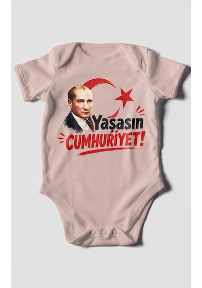 Morivokids Yaşasın Cumhuriyet Kısa Kollu Bebek Body %100 Pamuk Pastel Pembe