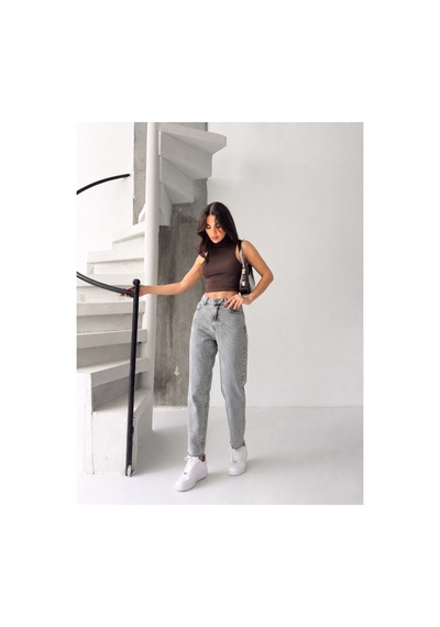 Kene Jeans Gri Kar Paça Kesik Taşlı Mom Denim Pantolon Gri Kar
