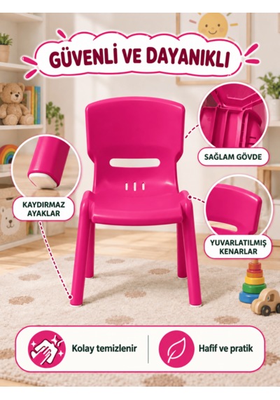 Beylini Çocuk Sandalyesi Anaokulu Kreş Kurs Mini Tabure Dayanıklı Rahat Plastik Pembe
