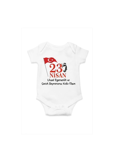Hediyenza 23 Nisan Ulusal Egemenlik ve Çocuk Bayramı Özel Tasarım Bebek Zıbın Pamuklu Çıtçıtlı Body Beyaz