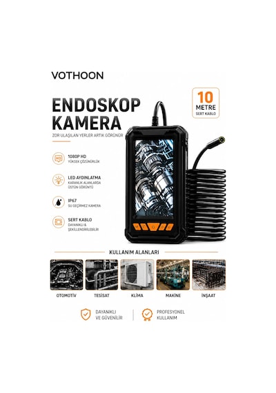 10 Metre Tek Kameralı Endoskop Kamera 1080p Hd Led Aydınlatmalı Sert Kablolu Yeni Kamera-1080p