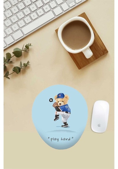 Beyzbol Oynayan Teddy Desenli Bilek Destekli Mouse Pad Mousepad