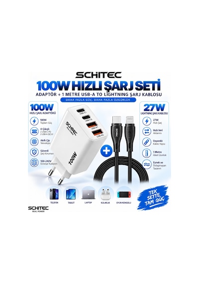 Schitec 100w 4 Çıkışlu Süper Hızlı Şarj Başlığı Ve 60w Type-c To Lightning Hızlı Şarj Ve Data Kablosu Siyah