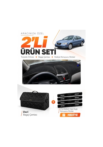 E-biz Nissan Maxima A33 1999-2003 Uyumlu Torpido Örtüsü + Deri Bagaj Çantası Seti - Siyah - Nı006