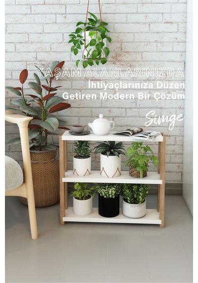 Simge Beyaz Ahşap 3 Katlı Çiçeklik, Saksılık, Çiçek Standı, Dekoratif Raf / Çok Amaçlı Kullanım Beyaz - 652232159 Beyaz