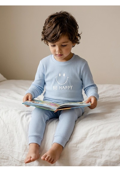 Minidamla Baby Minidamla Gülen Yüz Baskılı 1-6 Yaş Pijama Takımı - Mavi Açık Mavi