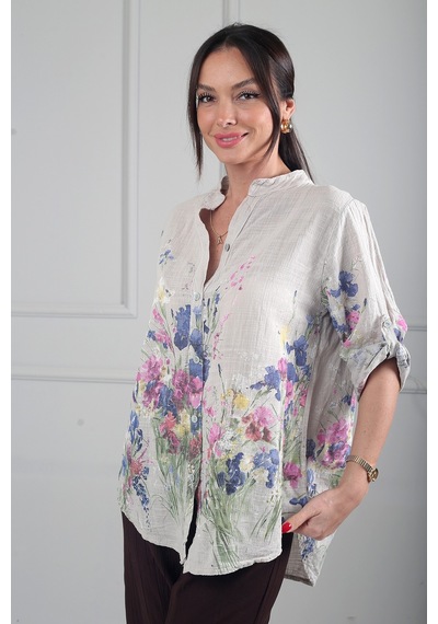 By Saygı Kadın Çiçek Desenli İtalyan Cotton Oversize Gömlek Bej