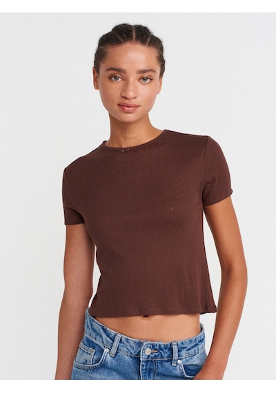 Dilvin 31795 Fiyonk Detaylı Kısa Kollu Kontrast T-shirt-açık Kahve Açık Kahve