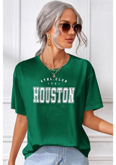 Flood Of Style Unisex Houston Baskılı T-shirt Yeşil