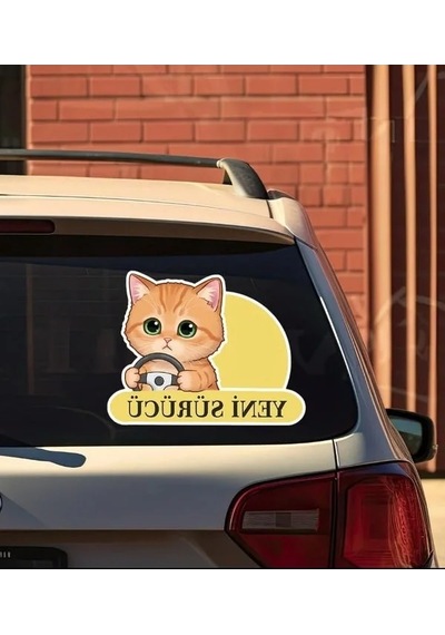 Sevimli Kedi Temalı Araba Etiketi Ve Sticker, Eğlenceli Tasarım Açık Ahşap