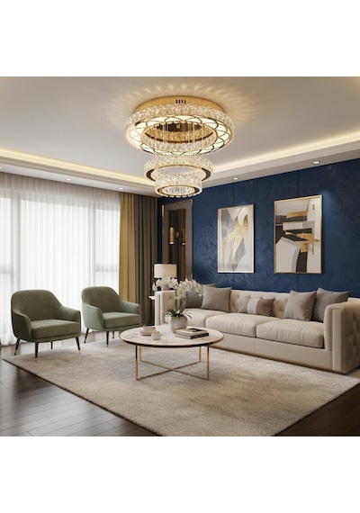 Plafonyer Lazer Kesim Kristal Taşlı Gold Ledli Avize