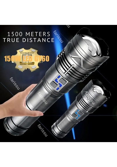 150w Süper Parlak El Feneri 3000m Menzil, 30.400mah, Şarj Edilebilir, Su Geçirmez Alüminyum Gövde Siyah