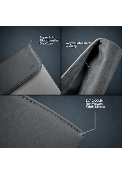 Woyax Cleanfit 13-14 İnç Gri Laptop Çantası Su Geçirmez Apple Macbook Uyumlu Kılıfı Apple iPad Tablet El Çantası