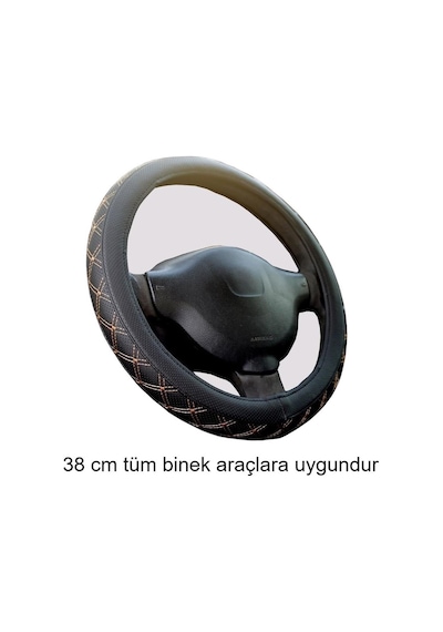 Direksiyon Kılıfı 38 Cm Geçmeli Siyah Binek Araçlara Bej Nakışlı