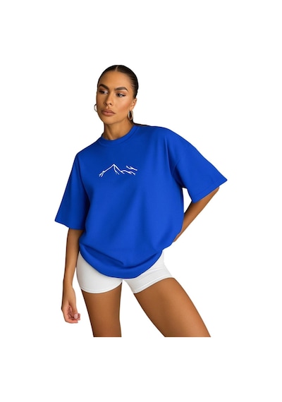 Dağ Baskılı Kadın Oversize Unisex Tişört Saks Mavisi
