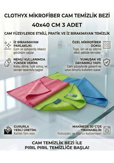 Mikrofiber Cam Temizlik Bezi 40 40 Cm 3 Adet - Gri-yeşil-pembe Karışık
