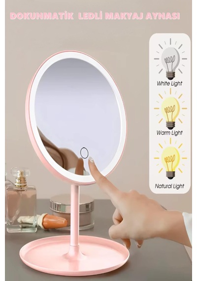 Pembe Renk Led Işıklı Usb Şarjlı Masa Üstü Makyaj Aynası Dokunmatik Makyaj Aynası