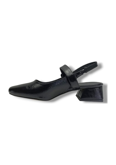 Ceylan Shoes 315-26 Kırışık Rugan Deri Kısa Kare Topuk Arkası Açık Kadın Ayakkabı Siyah