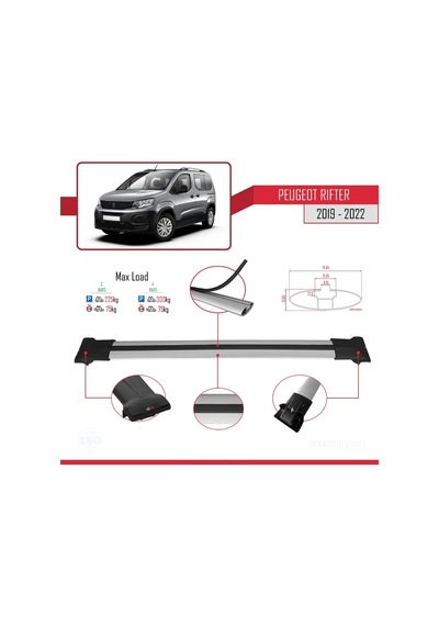Peugeot Rifter 2019-2022 Arası İle Uyumlu Fly Model Ara Atkı Tavan Barı Gri 4 Adet Bar