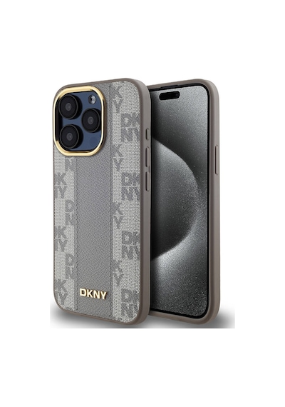Apple Uyumlu iPhone 15 Pro Kılıf Dkny Lisanslı M-safe Şarj Özellikli 3d Yazılı Checkered Pattern Kapak Krem