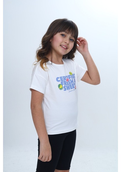 Toontoy Kids Toontoy Kız Çocuk Bisiklet Yaka Düşük Omuz Kısa Kollu Baskılı Tişört 24976 Ekru